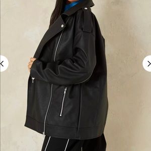 black faux leather zip oversized biker jacket